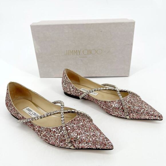 Jimmy Choo Rose Gold Genevi Coarse Glitter Crystal Pointed Toe Flat size IT 39.5 - Picture 1 of 13
